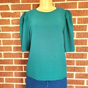 Deep teal green puff elbow length sleeve crew neck zip back professional top